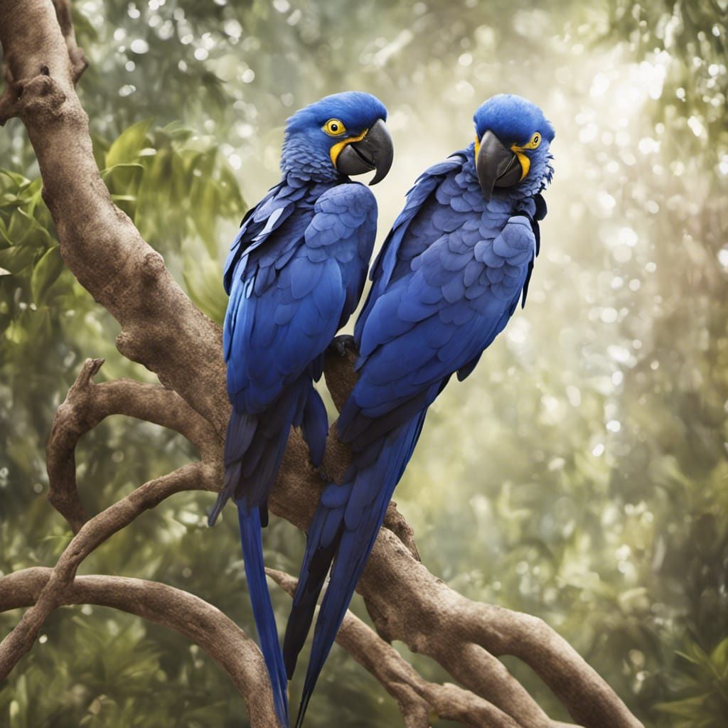 Two hyacinth macaws snuggling in a tree ultra-realistic ultra high ...