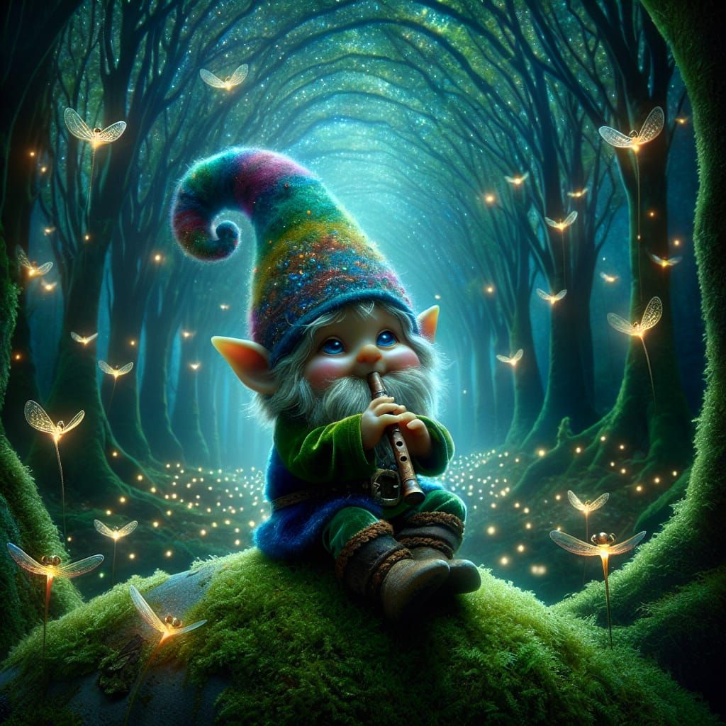 A cheerful gnome plays a flute on a mossy stone, surrounded by fireflies in a serene forest.  by @Phantazia
