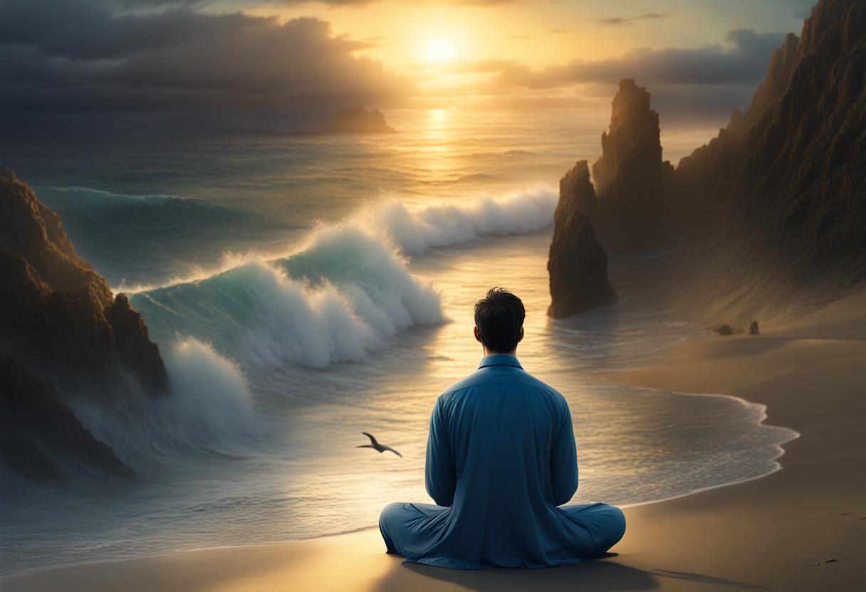 a dark hair man in blue sitting meditation, on the beach, nice wave, yellow sunrise, view from behind, 1 seagul afar per...