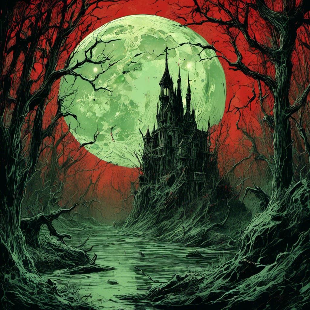 bizarre kult, fullmoon,türkisgelb-rot, <lora:Macabre:1.0> ,b...