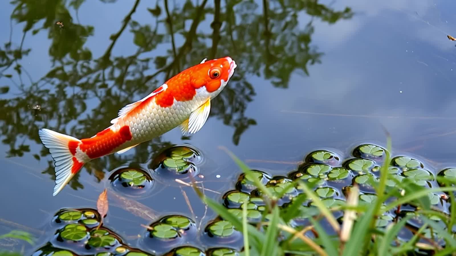 A koi fish surfaces of pond