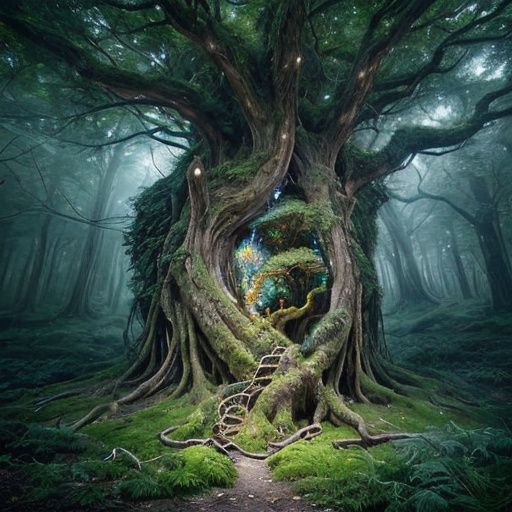 fairy wonderland inside a tree trunk with a beautiful waterfall flowing out of the trunk