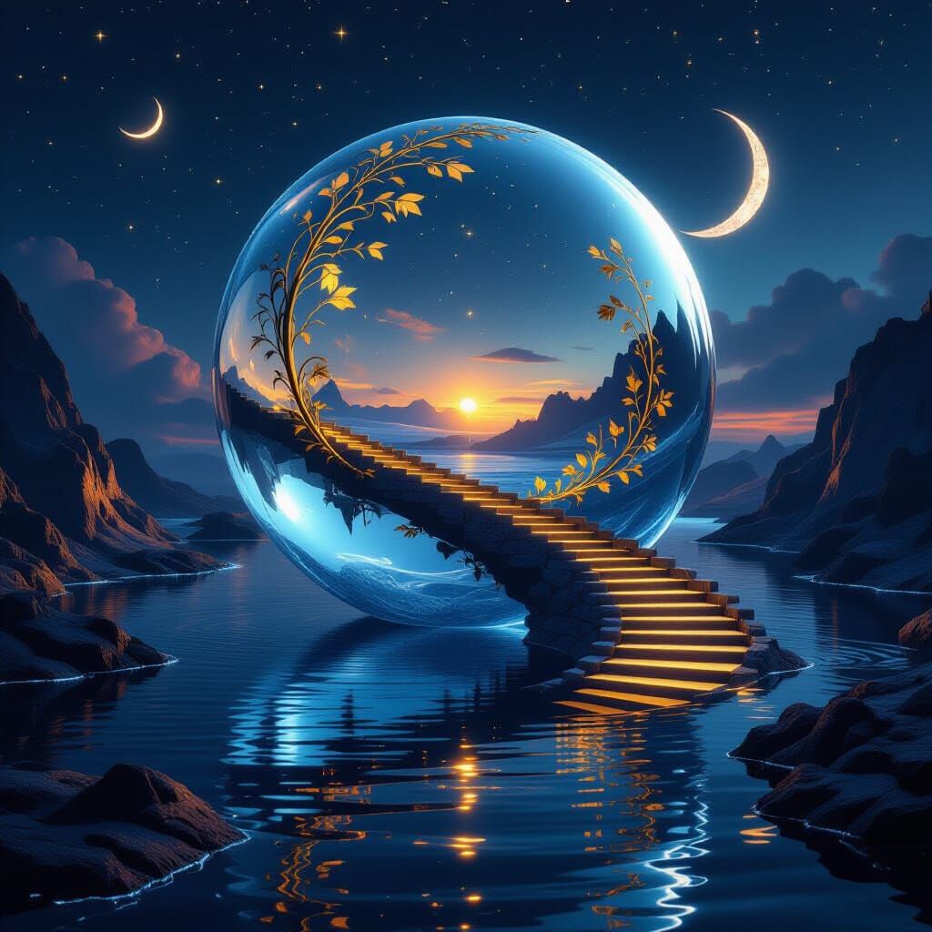 Oil glaze on translucent etched crystal. The scene centers on a pale blue canyon suspended in midair, ...  by @EsterJasmine