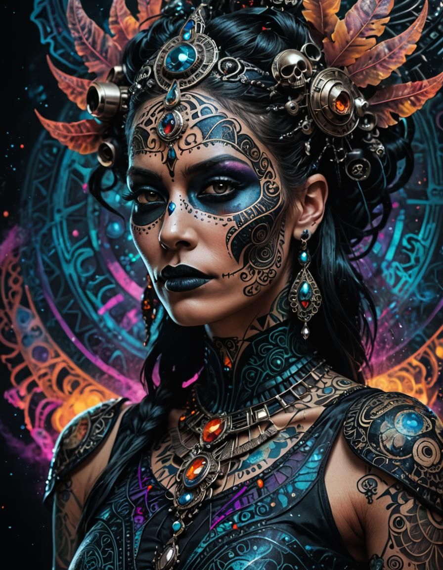 Gothic Cyberpunk Goddess Portrait with Fractal Details