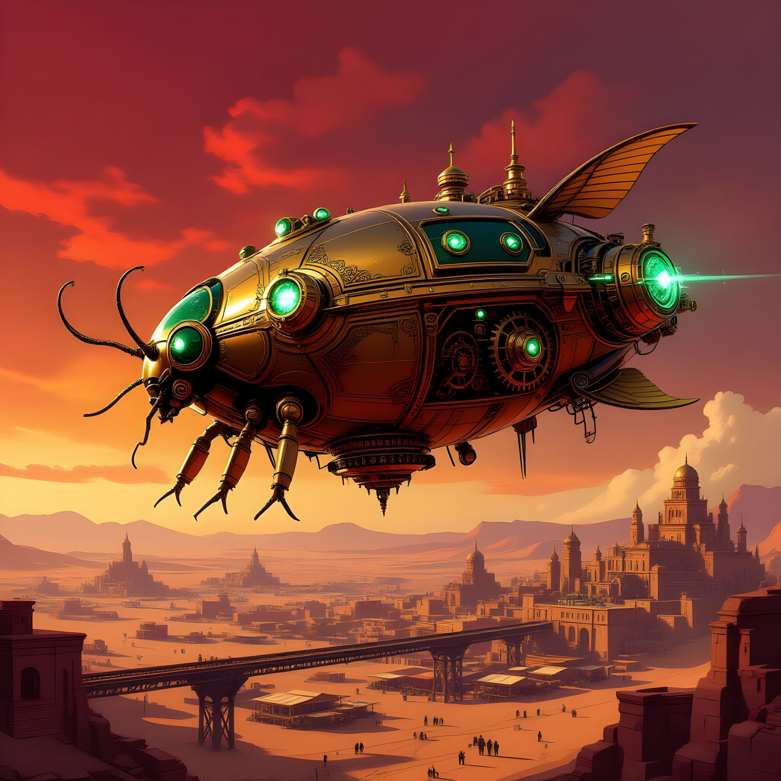 Steampunk Scarab Airship Over Crimson Desert City