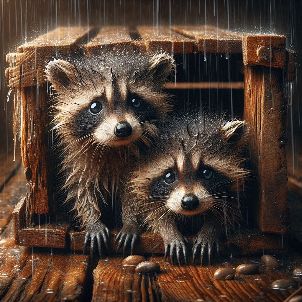 Raccoons in the rain