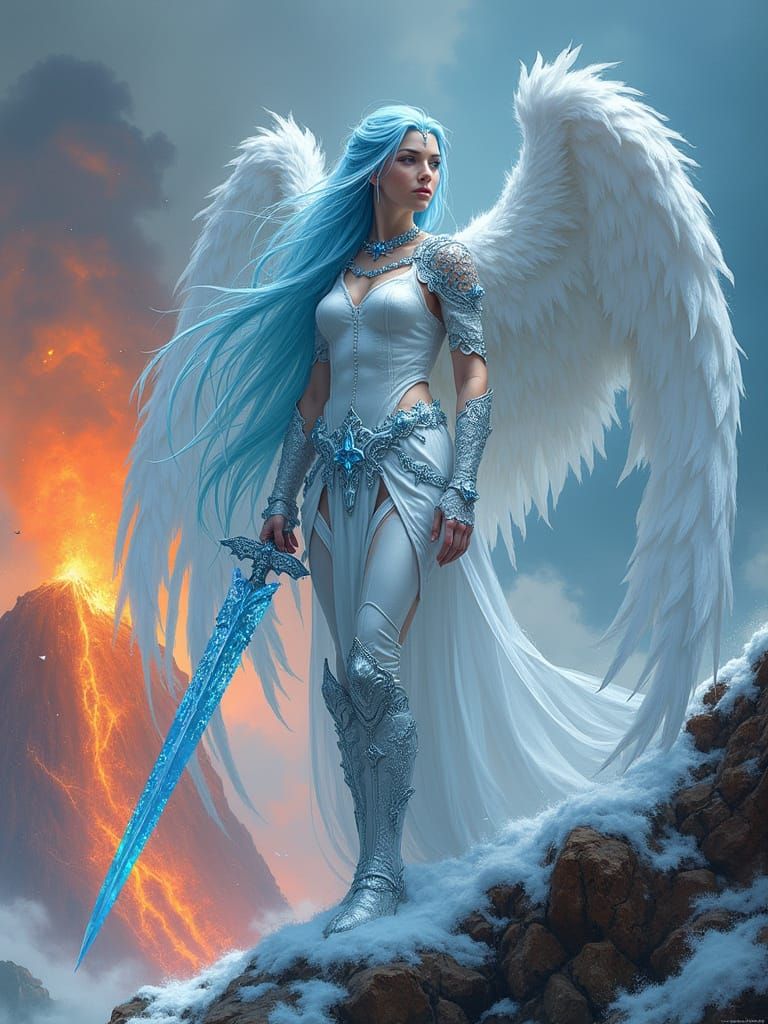 a realistic beautiful young female frost valkyrie with long flowing blue hair with huge spread feathery ...  by @Dark Angel