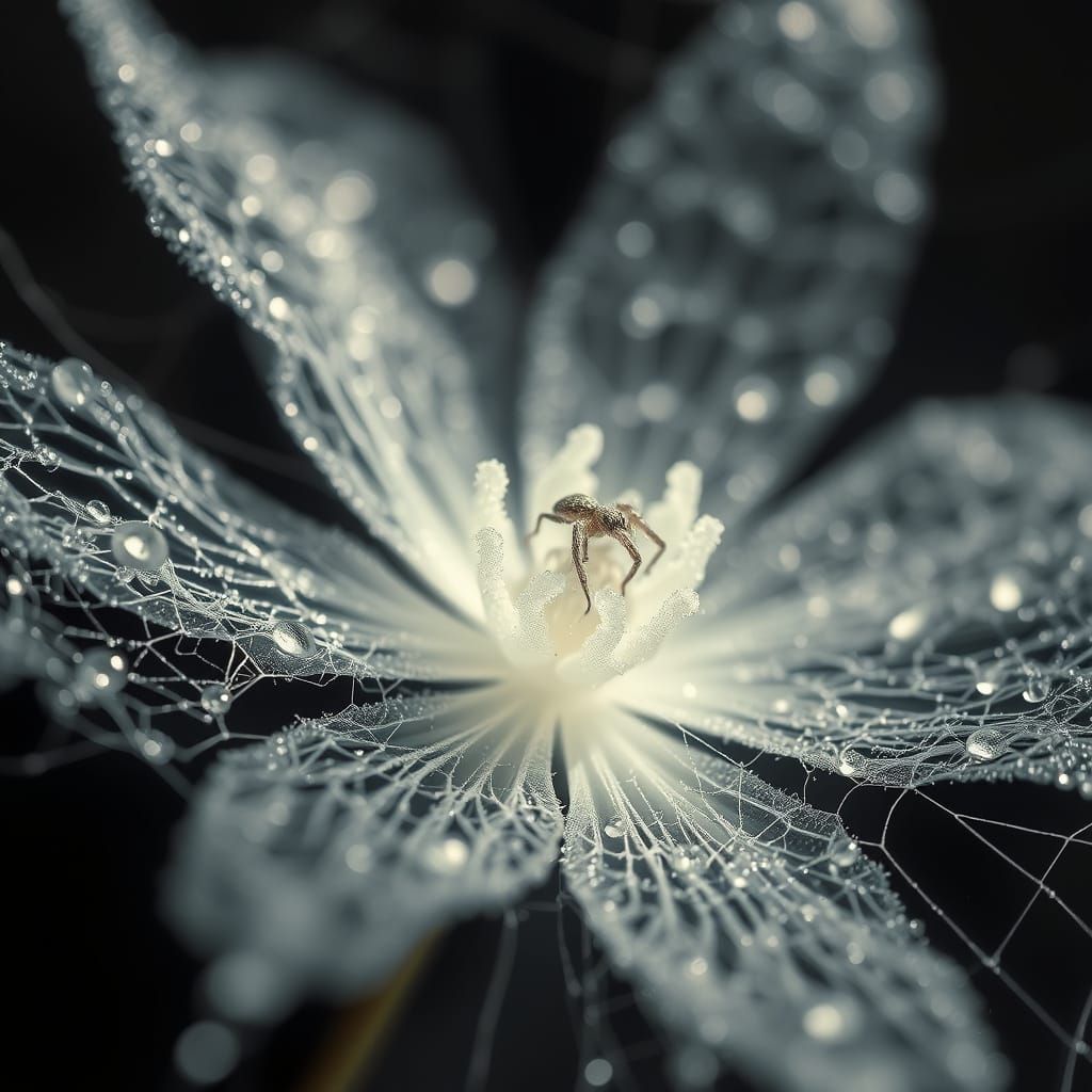 A captivating macro photograph depicts a meticulously crafted, extraordinary, fantastical flower of shimmering, dew-drenched strands of spid...