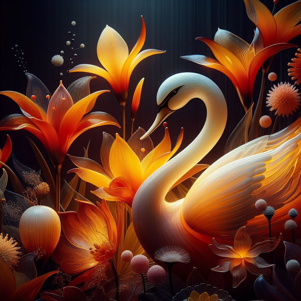 Blown Glass Tiger Lilies and Swan