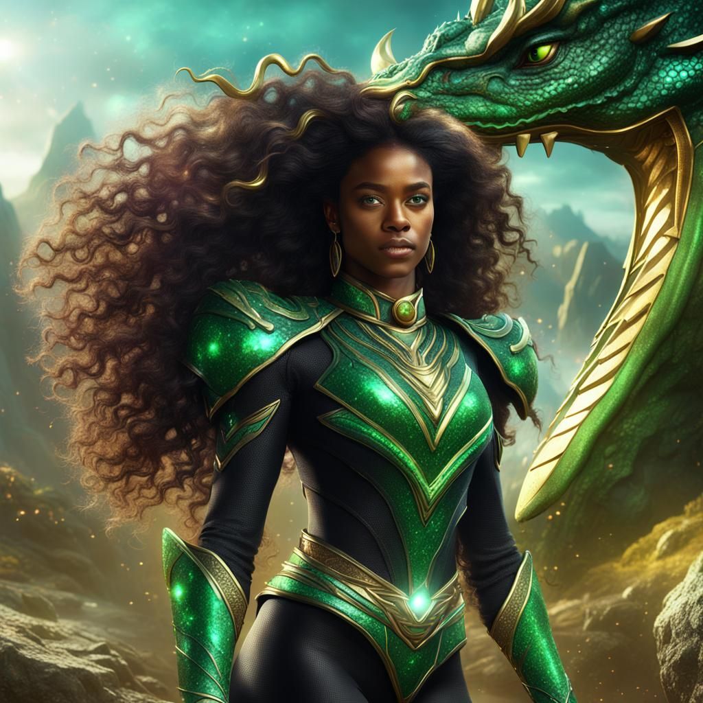 black woman with long curly hair as the green dragon gemston...