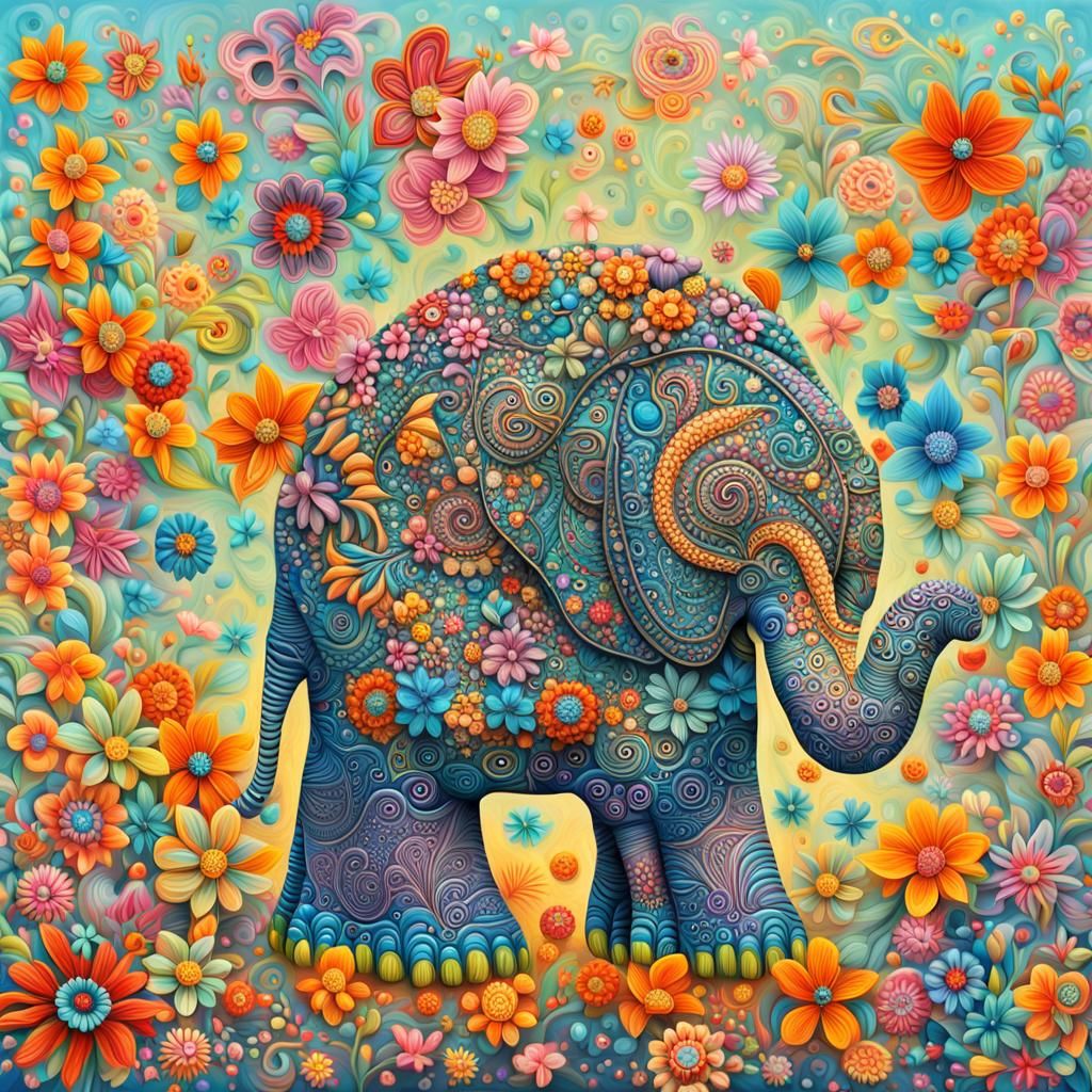 Floral Wooden Elephant in Fractal Art Style