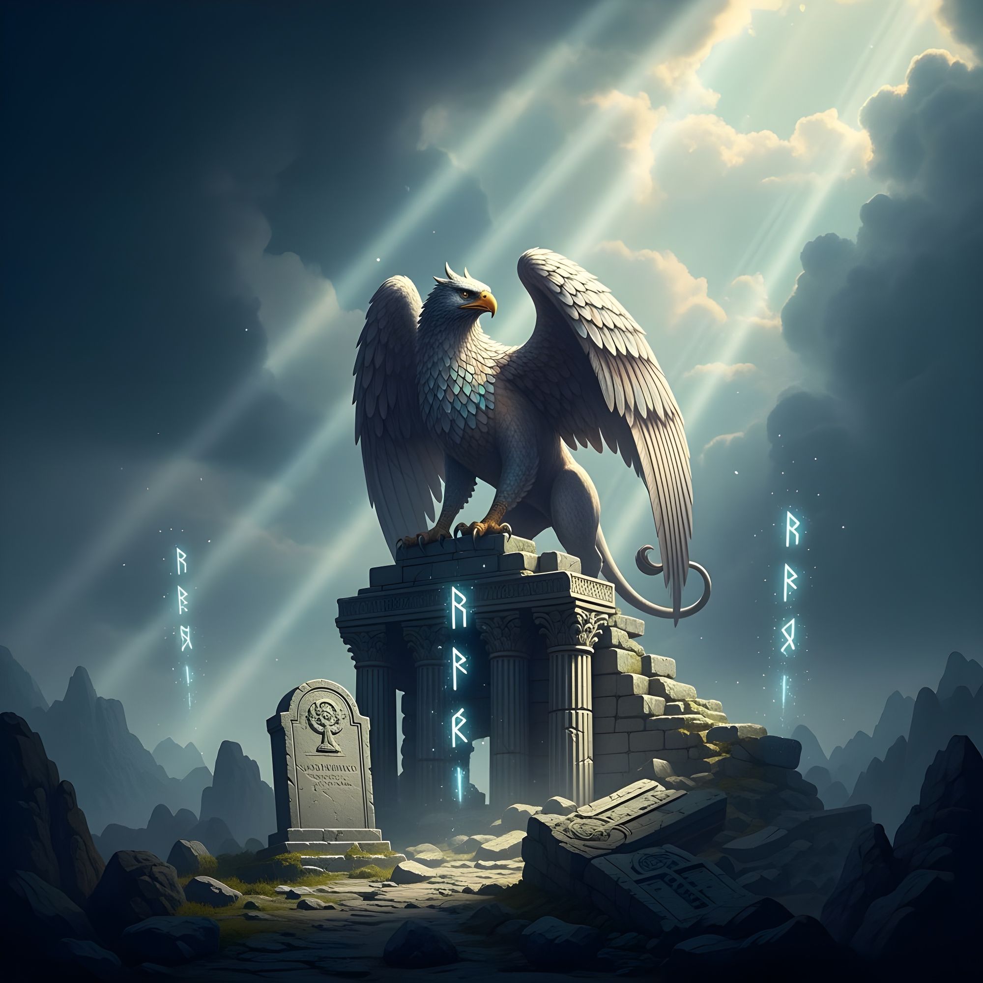 A majestic griffin, with feathers shimmering like mother-of-pearl, perches guarding atop a crumbling, forgotten temple ruin where a lone tom...