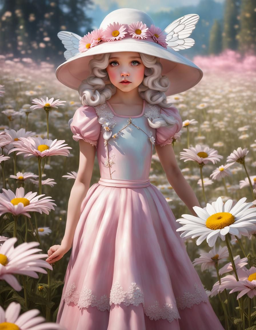 Beautiful little fairy girl in Dali style, curly white hair, white