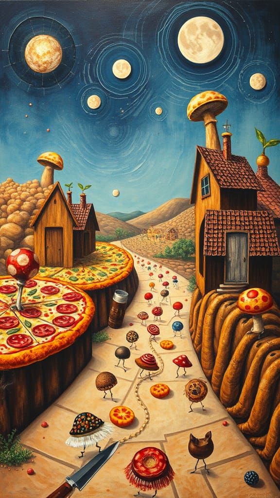 Pizza world where pizzas have legs and run up and down pizza decorated streets and hills and house and ...  by @Jerri