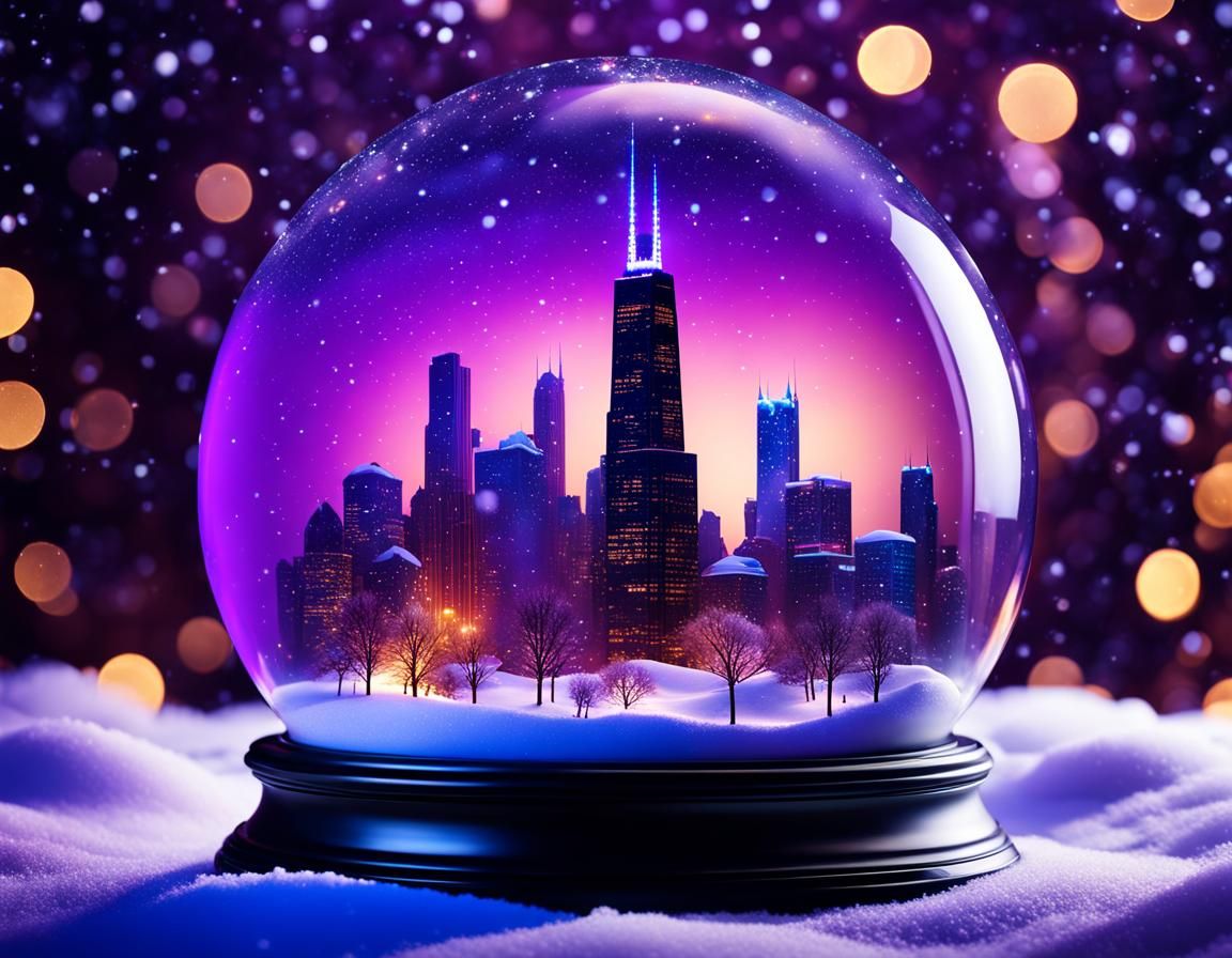 Chicago skyline in a snowglobe at Christmas, AI Generated Artwork