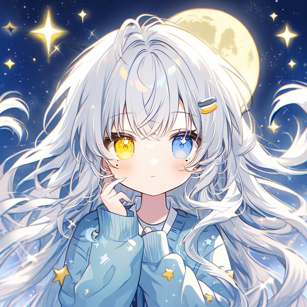 Cute Girl with Heterochromia in Moon Cardigan