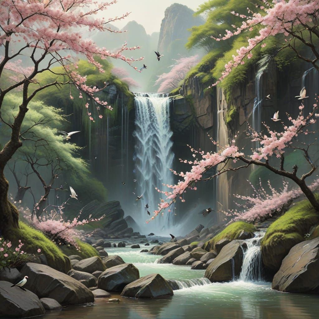 charcoal, create a delicate scene of cherry blossoms and birds with a waterfall delicate beautiful exquisite simple color green pink tan