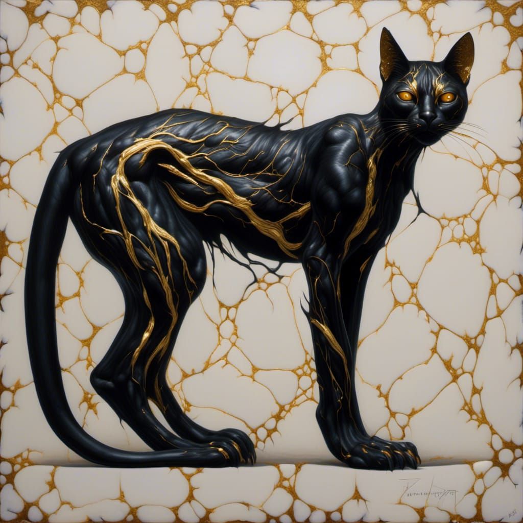 <lora:Noir Royale:1.0>  a hyperrealistic image of a pitch black feline humanoid with gold veins in the style of Simon Bisley with a sinister...
