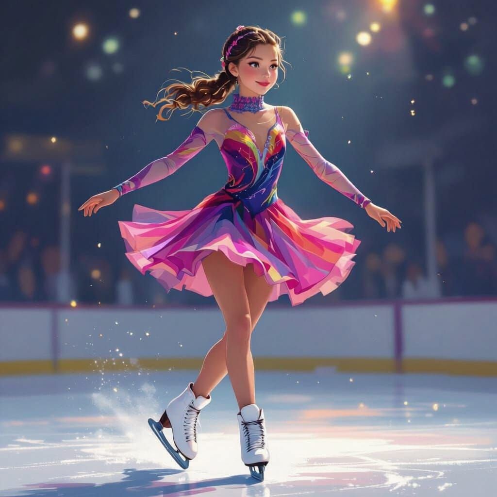 An young figure skater with a long sleeve skating dress but the sleeves are not see through 