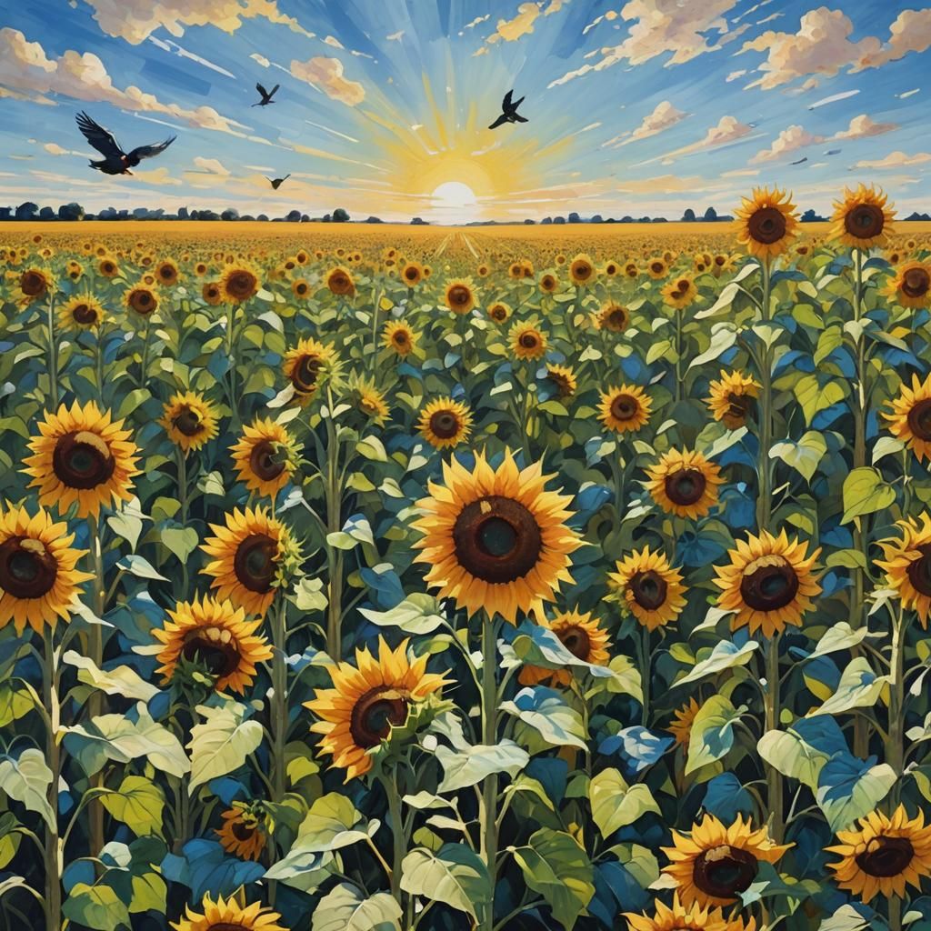 Painting of a field of sunflowers with a blue sky and a bird...