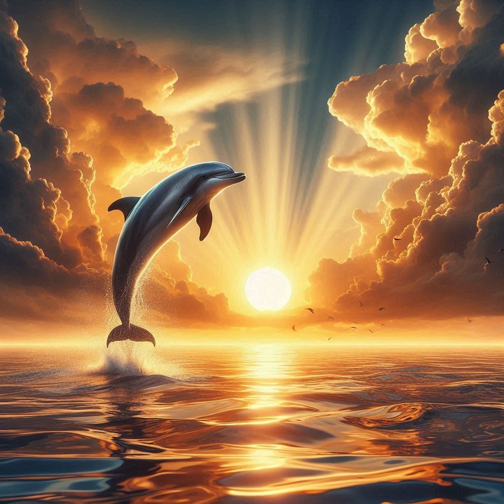 "Golden Dusk: Dolphin in Flight"