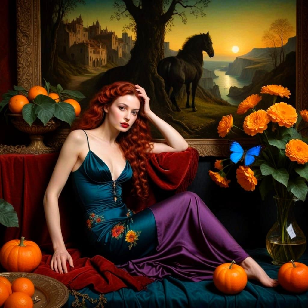 Surrealistic Portrait of a Mysterious Lady in Deep Rich Colo...