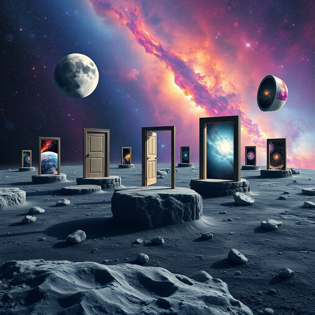 "Floating doors scattered across a starfield, some open to reveal entire galaxies, others leading to ...  by @Adalovelace