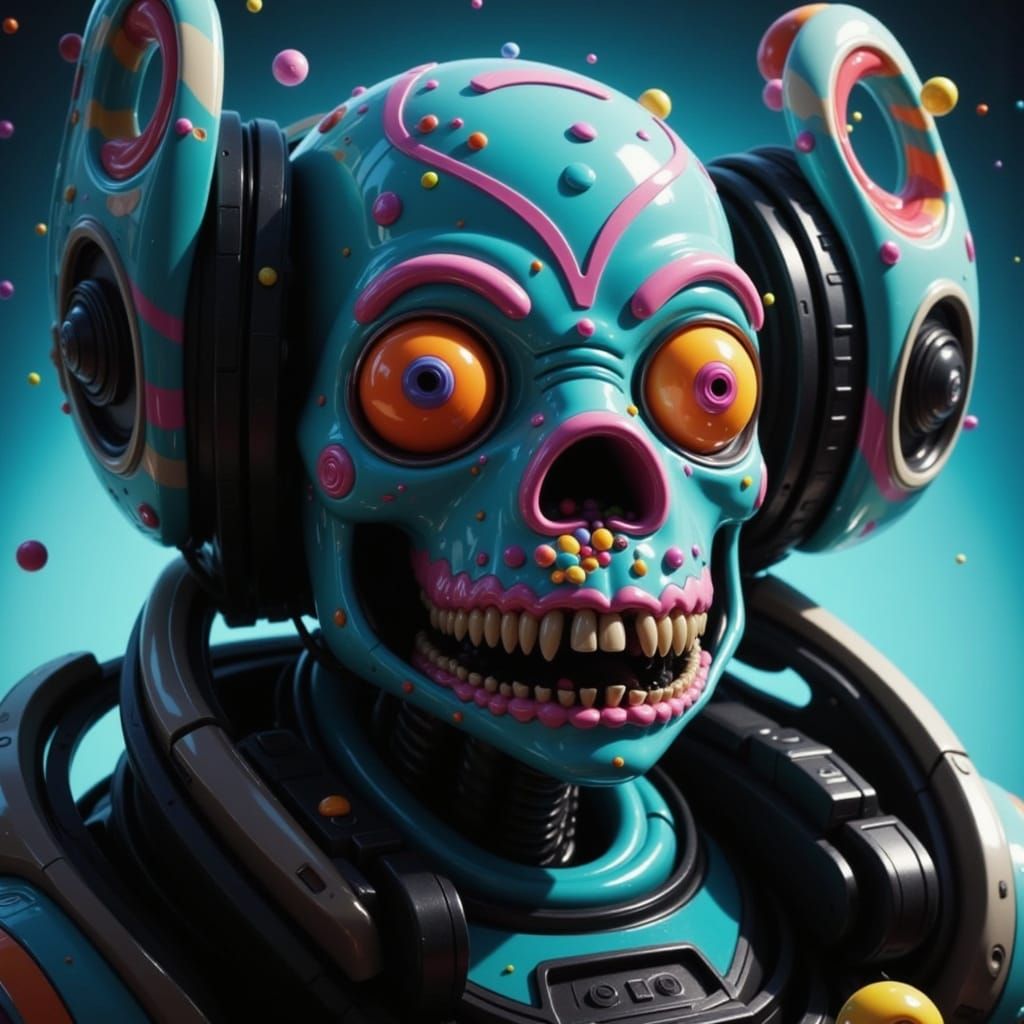 <lora:Bonbon Panic Flux:1.0>
Scene from a scifi movie called "I have no mouth, and I must scream". Candy art style! Whimsical playful colorf...