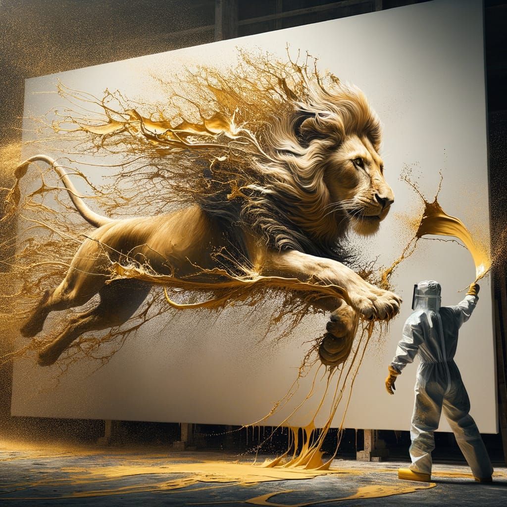 Artist hurls golden paint at blank canvas. On impact, it forms a majestic lion that roars to life  by @Gettafix