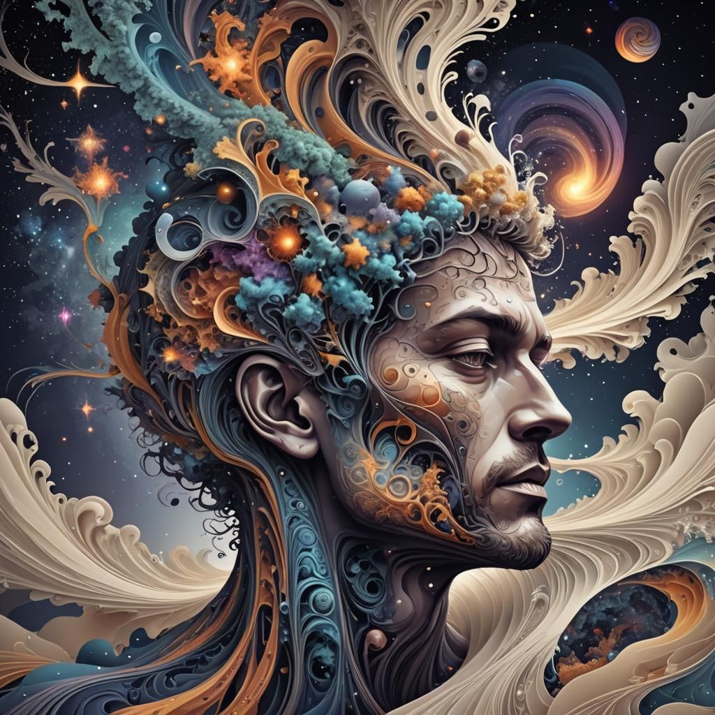 Galaxy Collision: Abstract Fractal Art of Thinking Man