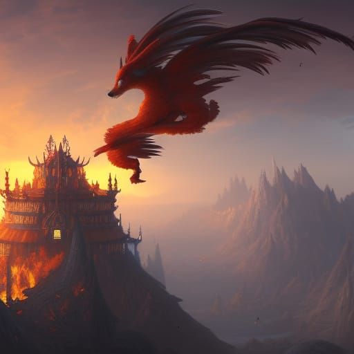 Flying castle, gaurded by a warrior fire fox