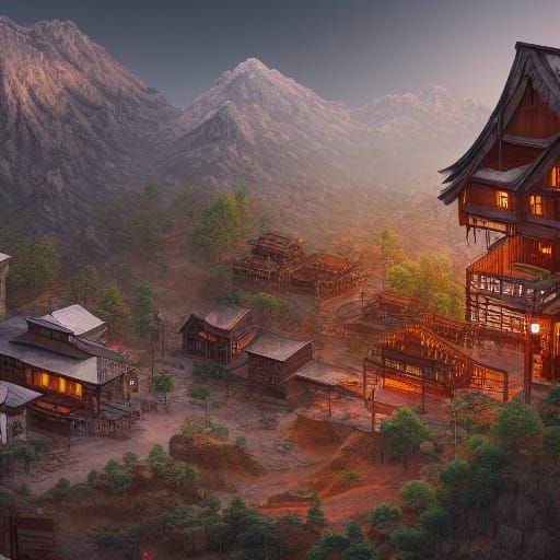 Wild west mining town with heavy japanese influences on a fo...