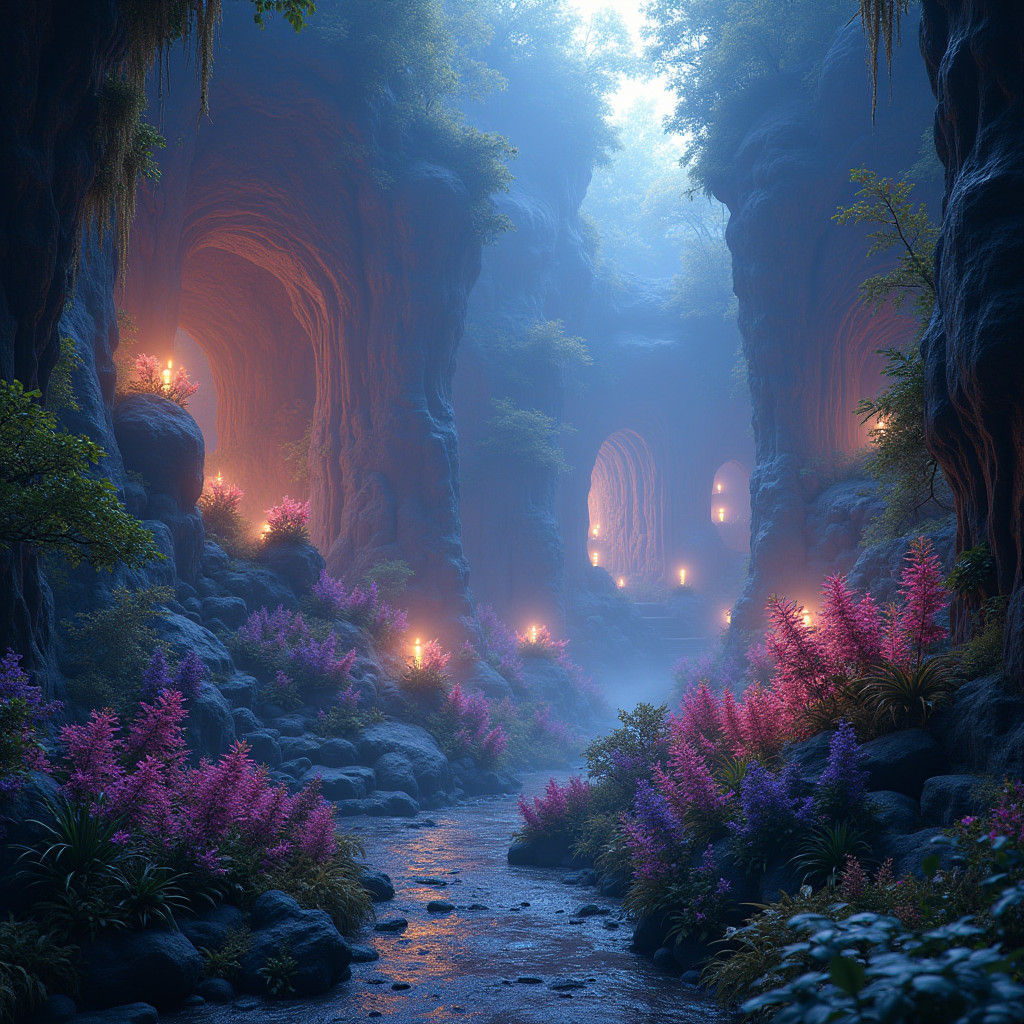 Surreal Dreamworld with Ancient Architecture and Lush Landsc...