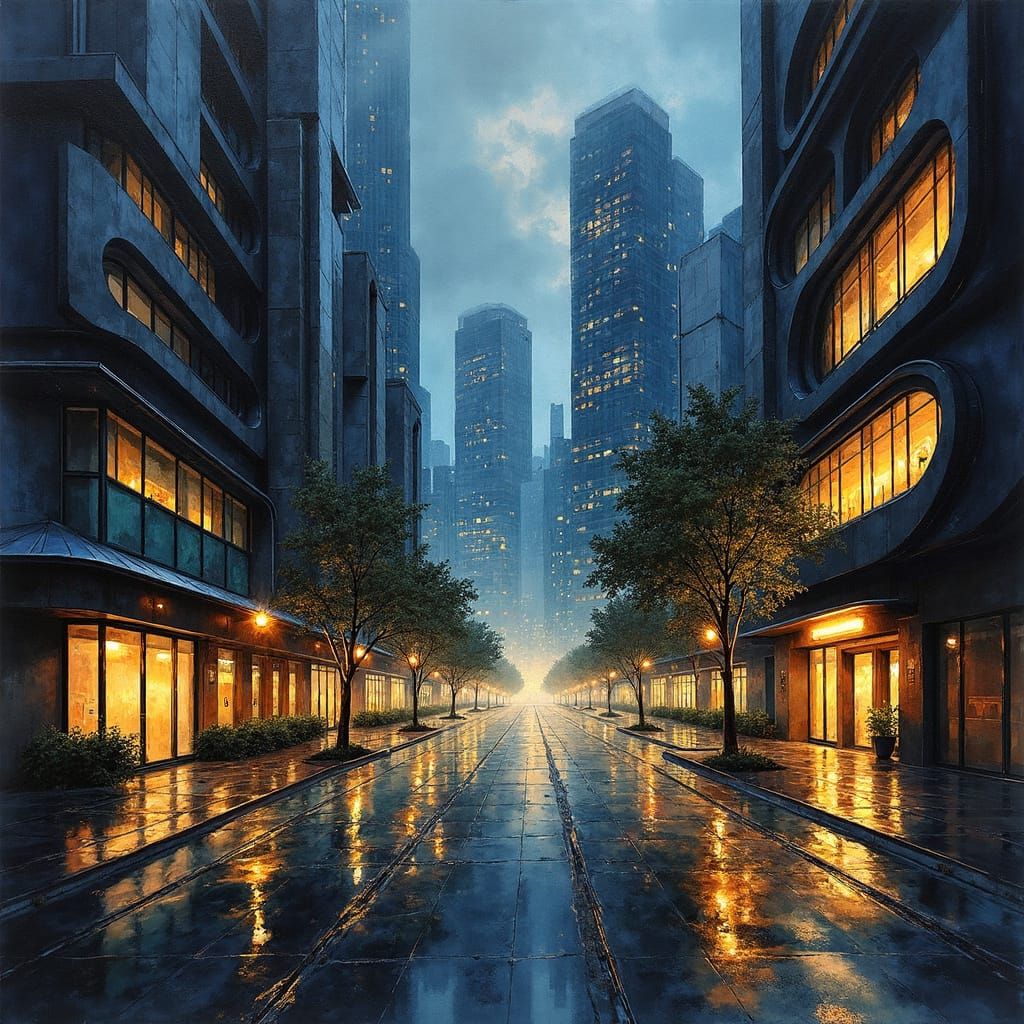 Futuristic Cityscape in Ink and Gold Leaf