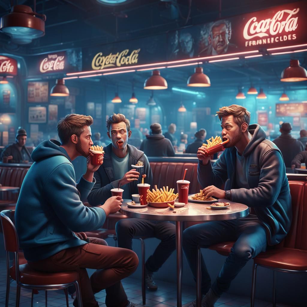 men in cyberpan style cafe sitting in cafe drinking cola and...