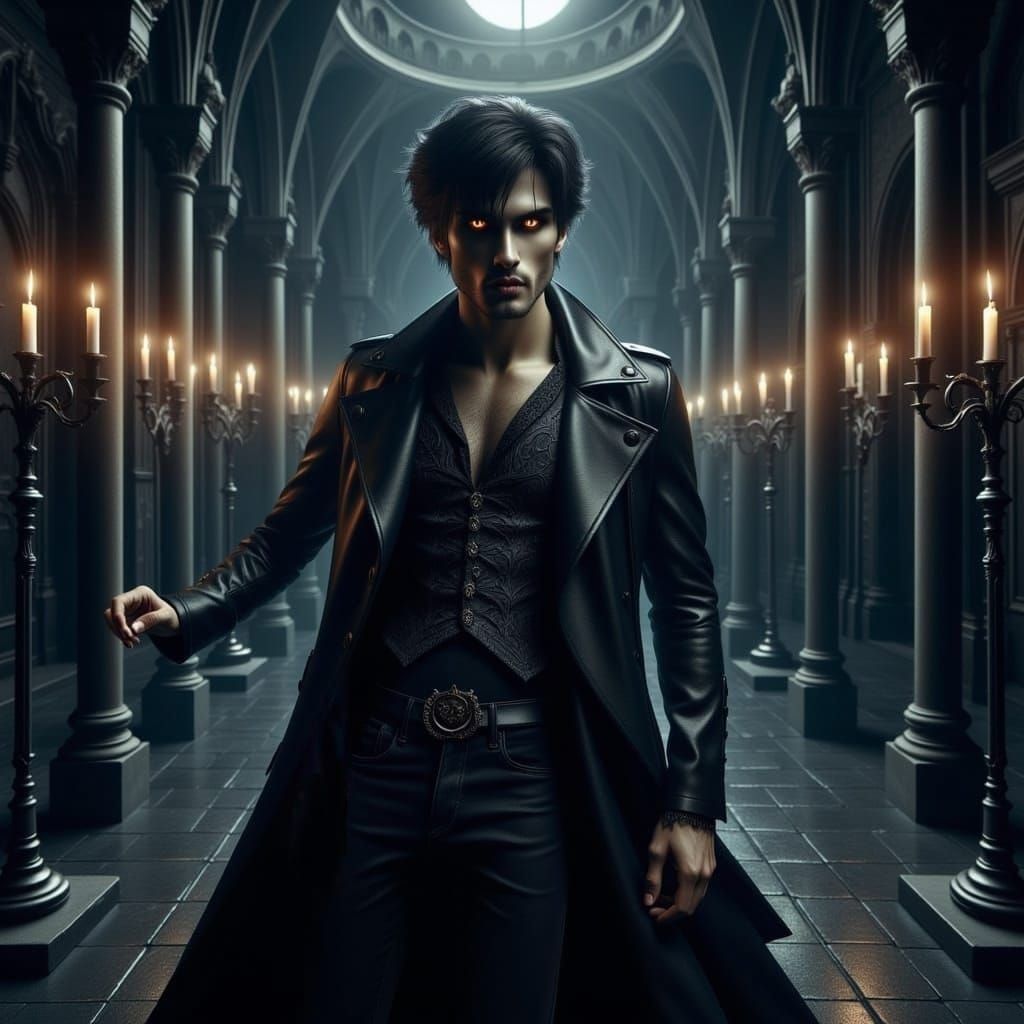 <lora:Flux Male Vampire:1.0> handsome Male vampire with glowing eyes, Anne Stokes, Greg Rutowski,  Todd Lockwood 