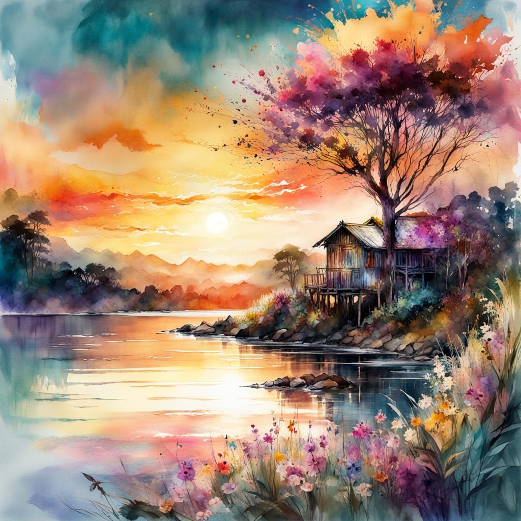 Sunrise at a lakeside cabin - watercolor 