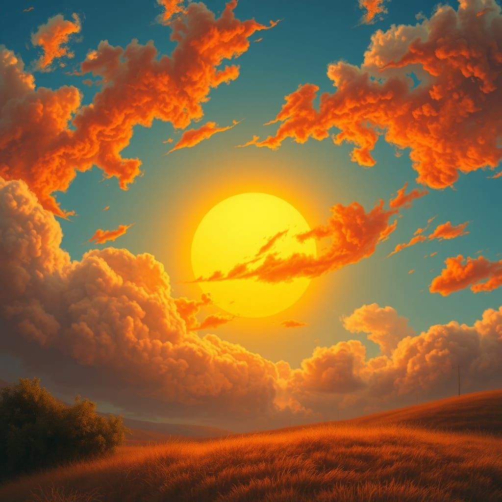 Vibrant orange-yellow sun with textured, swirling clouds of ...