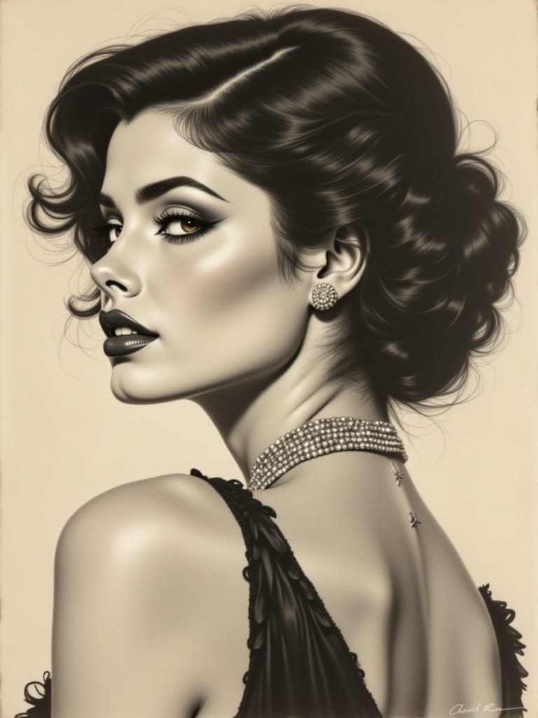 A captivating full-body charcoal sketch of a woman pin-up model, reminiscent of Old Hollywood glamour, with soft, diffused light casting a ...