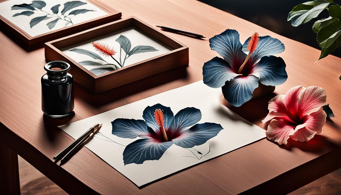 Wooden table, minimalist botanical drawing, Hibiscus flower