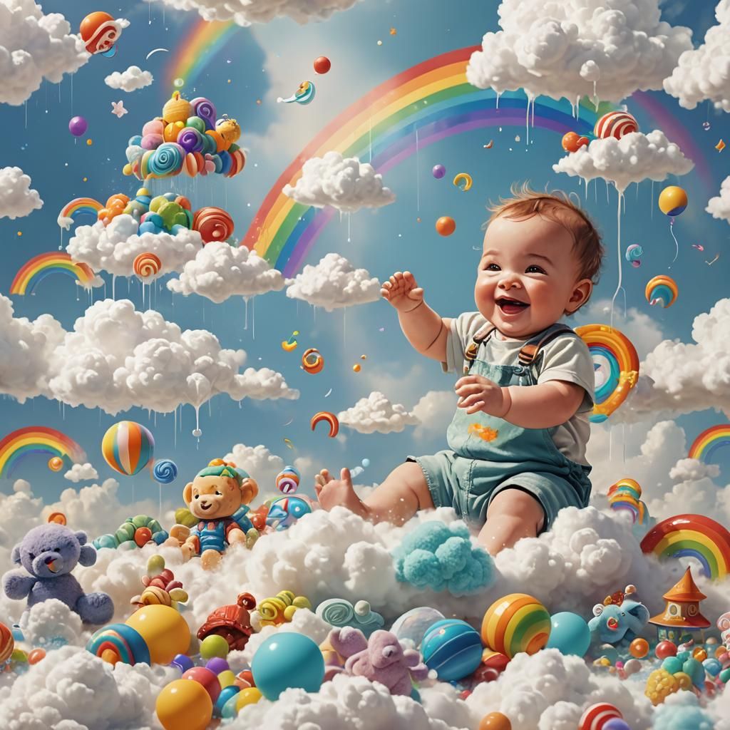 Happy Baby Plays with Rainbow in Dreamy Digital Art