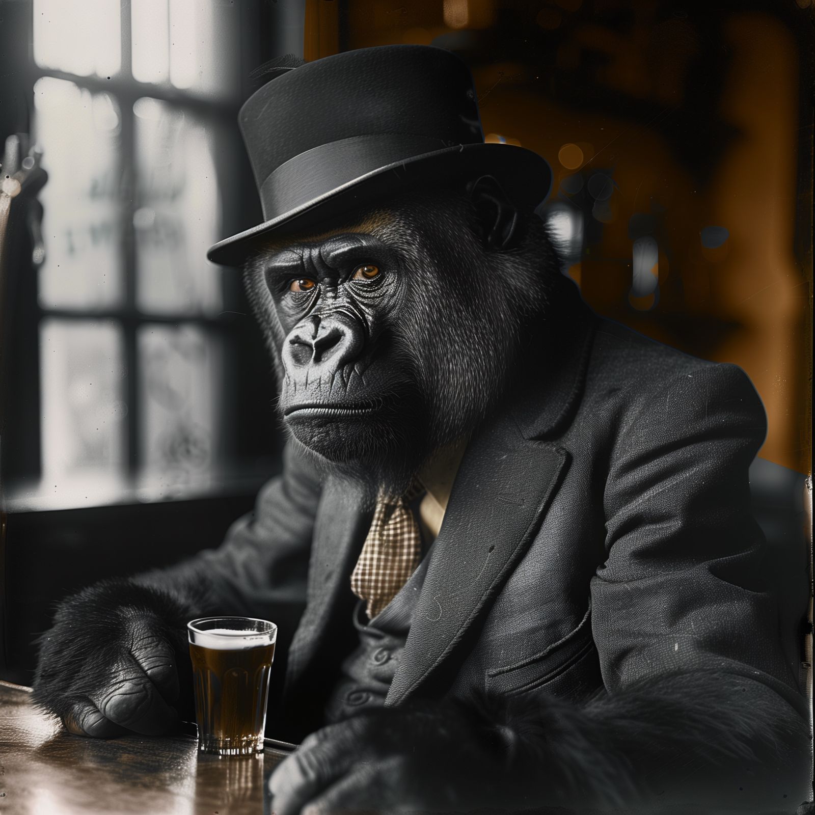 Colorized 1930s photo of gorilla in a bar
