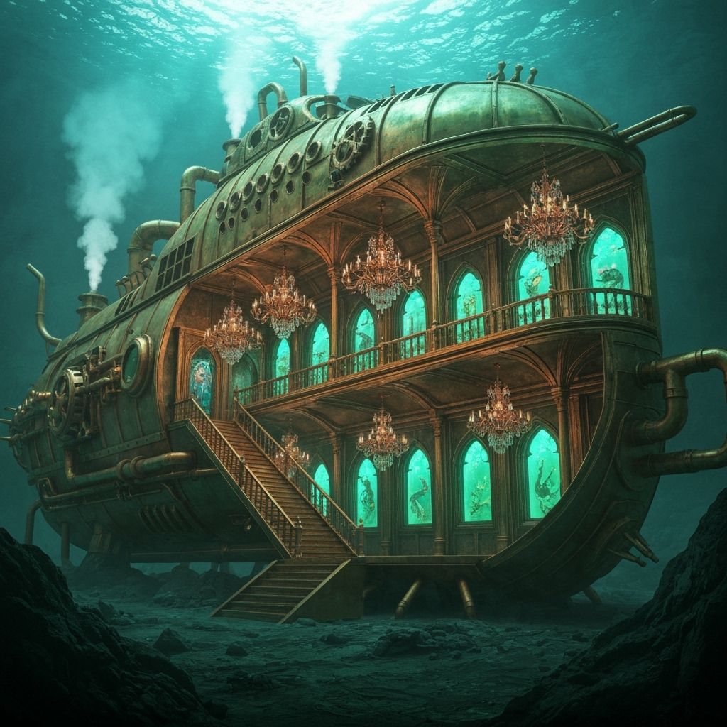 An underwater steampunk villain hideout inside a colossal submarine, giant brass gears, pipes hissing ...  by @Tiger princess 