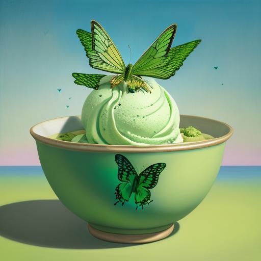 Matcha mint ice cream in a bowl with green butterflies.