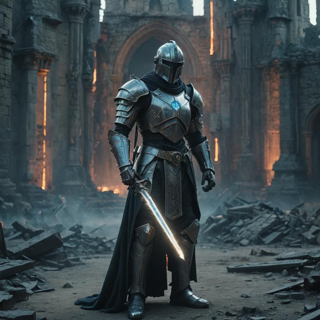 Cybernetic Knight-Mage in Ruined Futuristic Castle