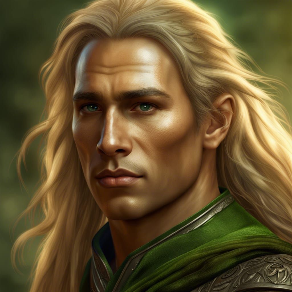 Beautiful young elven man with bright green eyes and a face looking ...