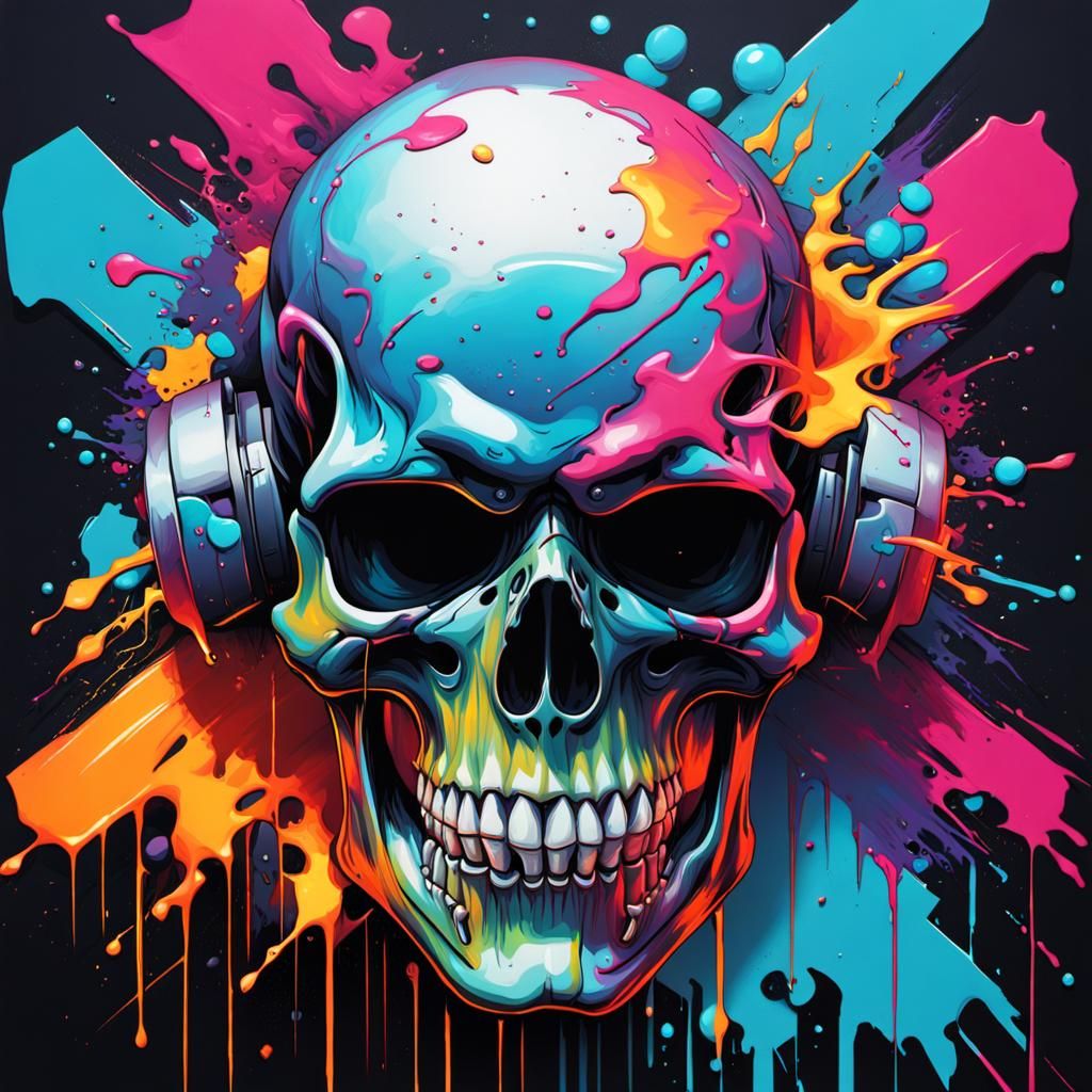 breakcore, glitch, bioluminescent, vibrant colors. Model skull ...