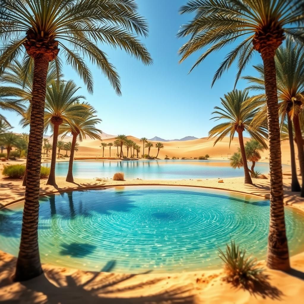 Oasis nestled in a serene desert landscape, with tall, lush palm trees encircling the oasis. The crystal-clear ...  by @REWnSC62