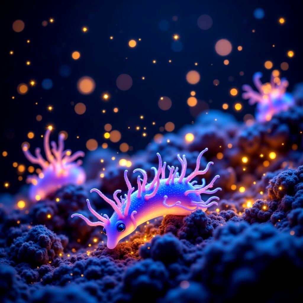 Nudibrach <lora:Spiny Glow Spore:1.0> Fireflies in dark background 