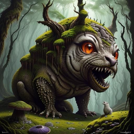 Many Large ancient weathered ugly monster stonefaced monuments in the